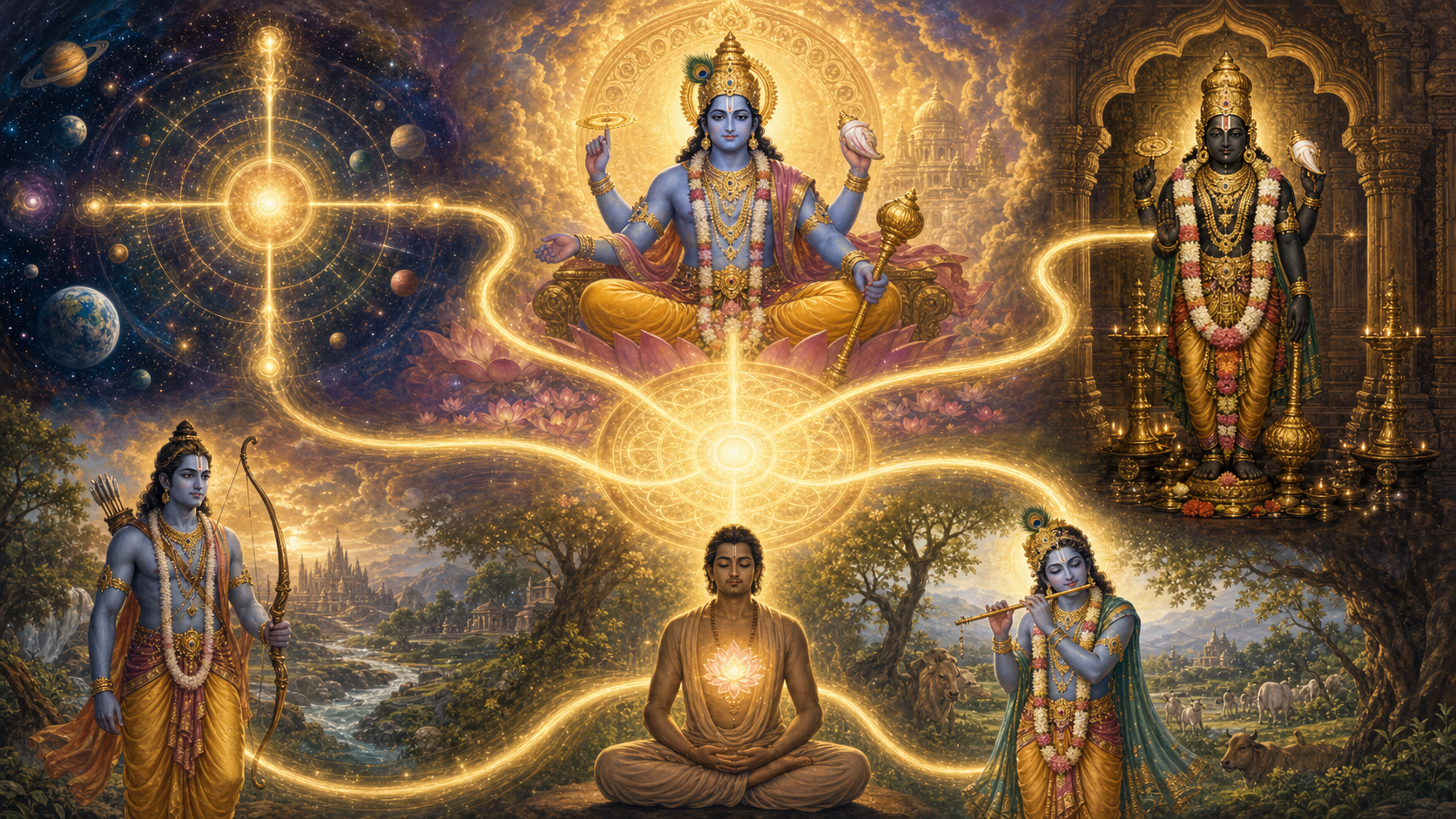 Vishnu appears across five connected sacred settings, including a celestial throne, ordered emanations, Rama and Krishna, a light within a meditating devotee, and a temple murti.
