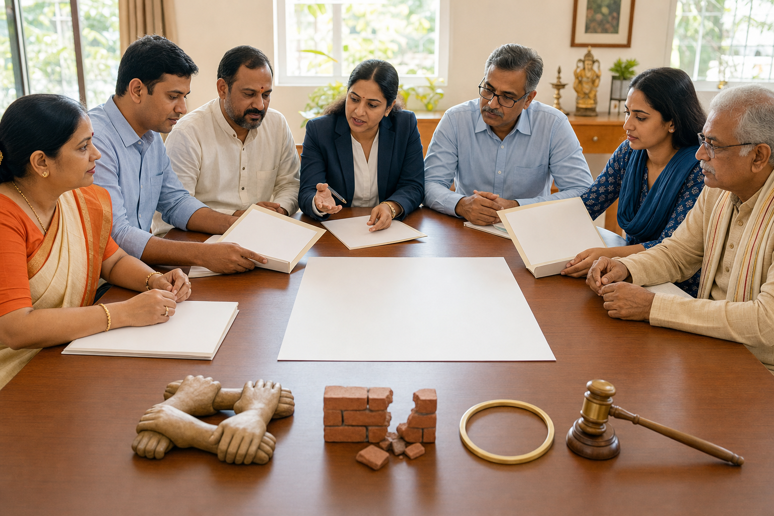 Community members, a civil-rights advocate, and a public official arrange equal-protection symbols around a blank policy sheet.
