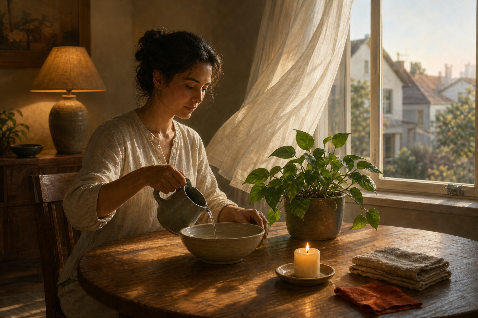A person sits at a simple home table with a water bowl, candle, and plant beside an open window in the morning light.
