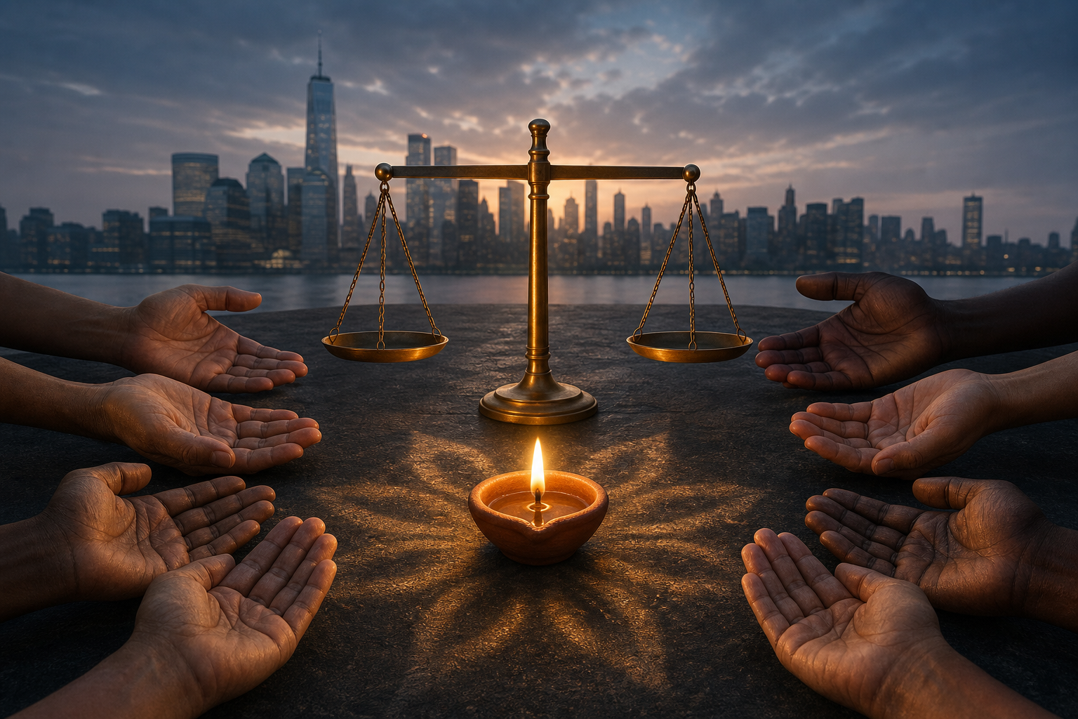 A clay lamp glows beside a balanced brass scale as hands with different skin tones form a protective semicircle around them.