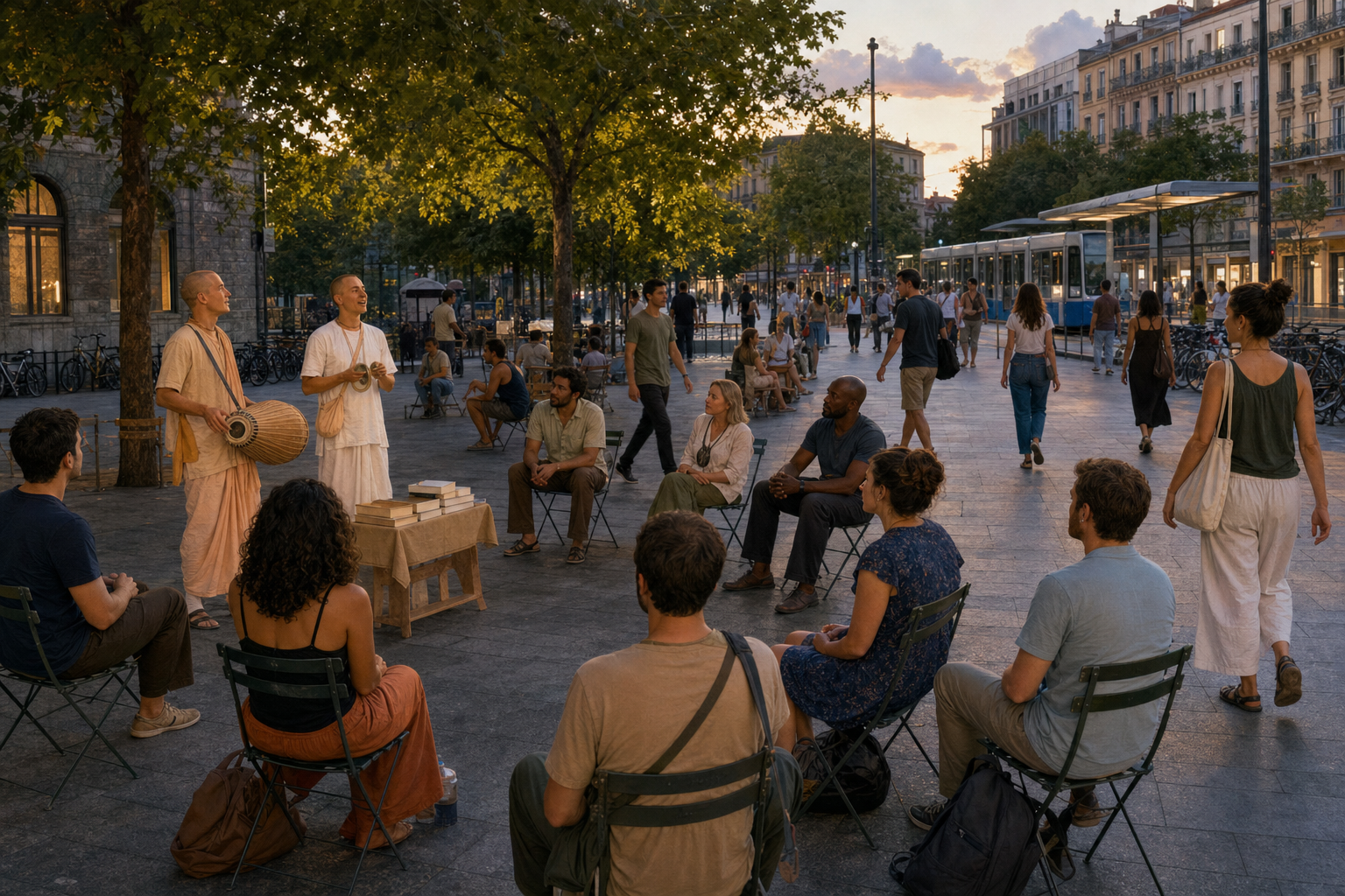 An open kirtan gathering in a city plaza leaves room for pedestrians to join, observe, or walk past.