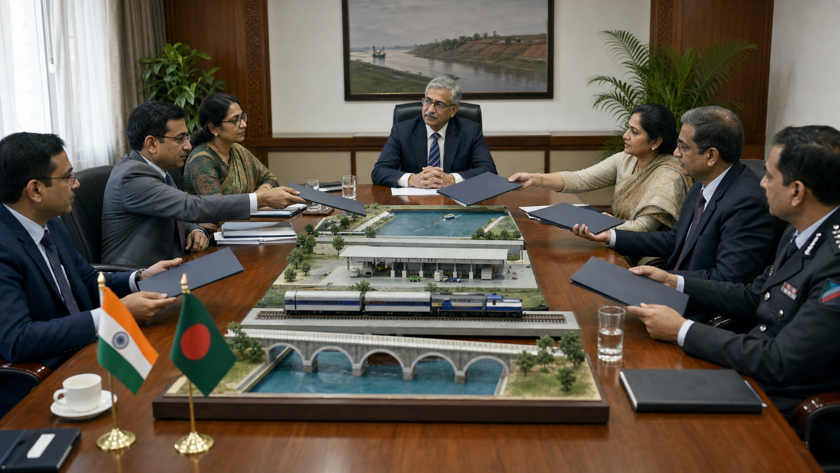 An anonymous diplomat and technical specialists from India and Bangladesh discuss models of a bridge, railway, river and border terminal.