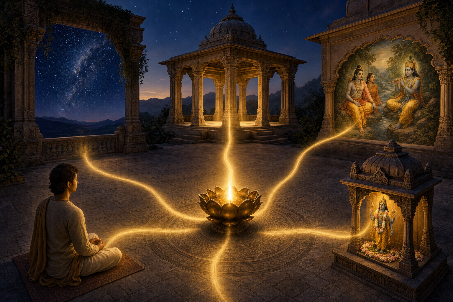 One central lamp illuminates five devotional spaces containing the night sky, an ordered pavilion, Rama and Krishna, a meditating devotee, and a Vishnu murti.
