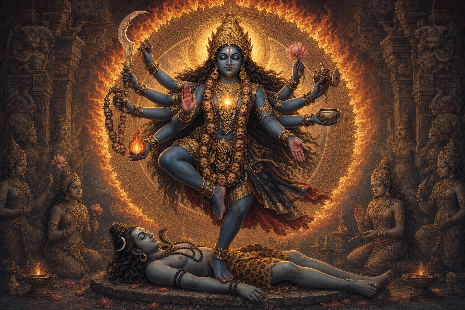 A many-armed fierce goddess dances above a calm reclining figure while holding ritual implements within a halo of fire at a temple threshold.
