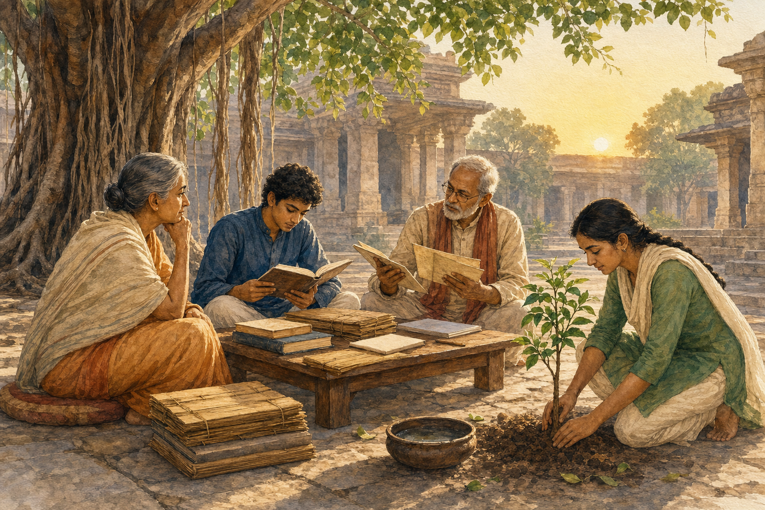 Learners of different ages study, reflect, discuss, and tend a young tree together in a quiet courtyard beneath a banyan canopy.