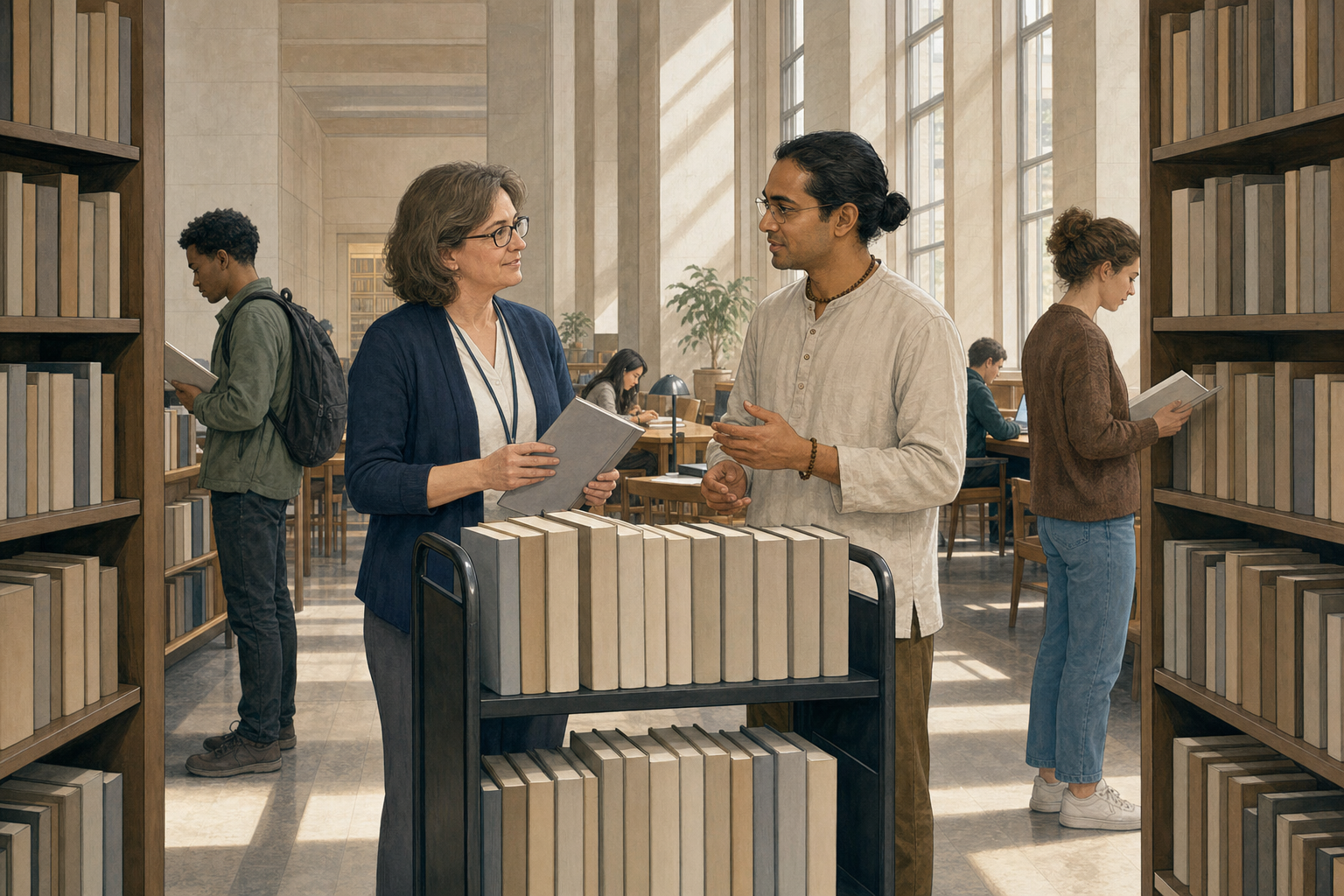 A librarian and a Vaishnava studies representative review books while students browse and study nearby.
