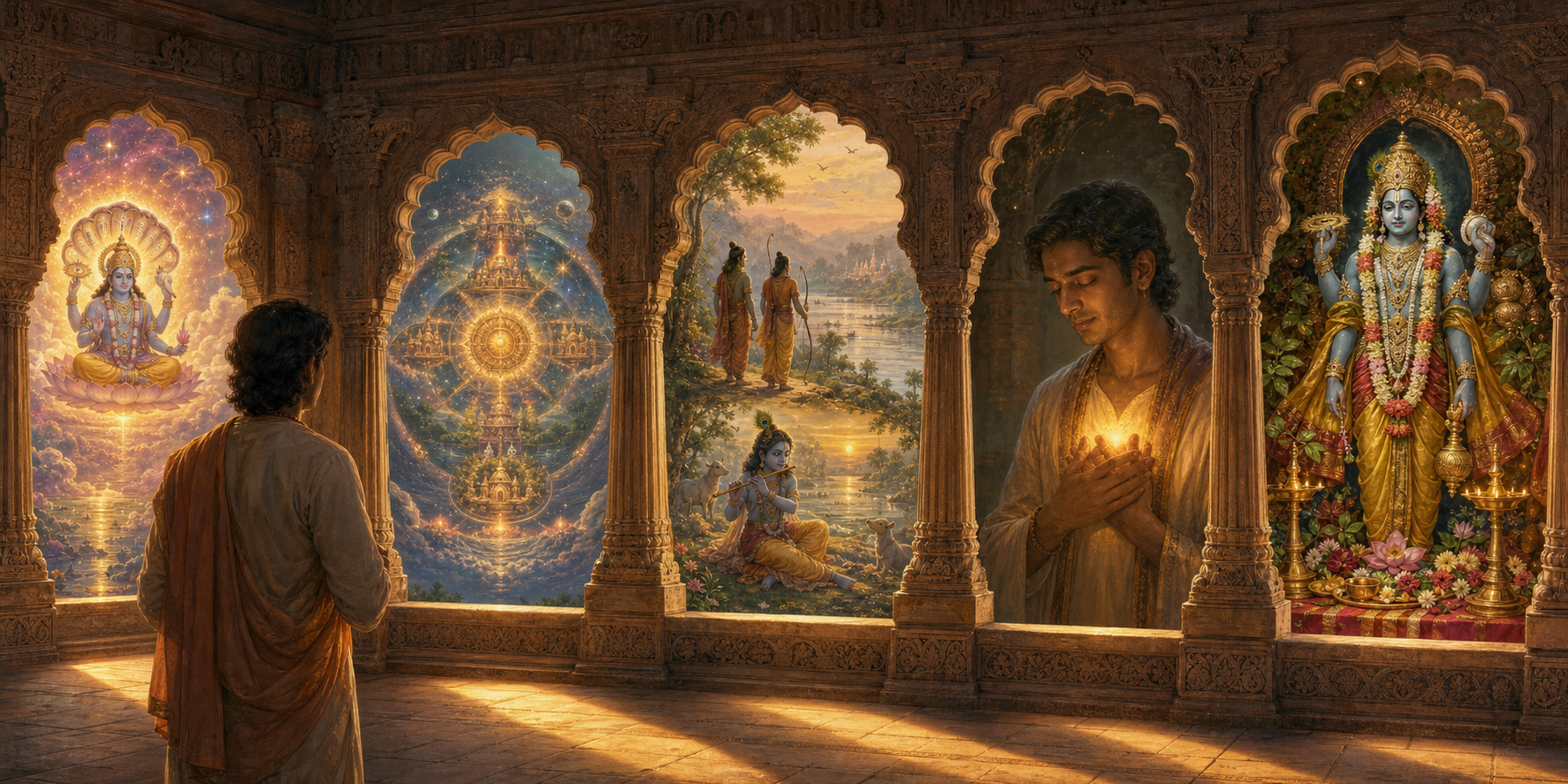 A visitor looks through five connected temple openings showing celestial Vishnu, a four-directional cosmic pavilion, Rama and Krishna, an inner heart light, and a decorated murti.