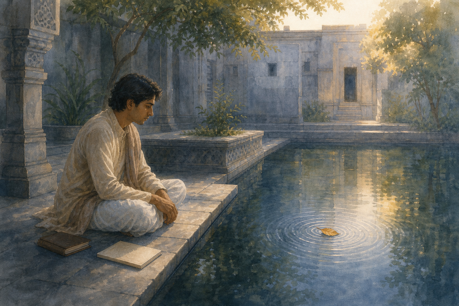 A learner sits quietly beside a lotus pond, watching ripples while a closed book and notebook lie nearby.