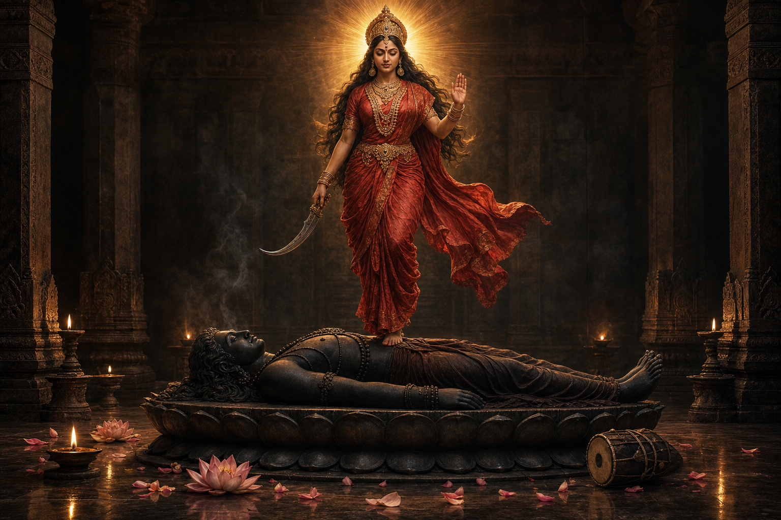 A luminous standing goddess rises above a calm reclining male deity on a lotus pedestal inside a lamp-lit stone sanctuary.