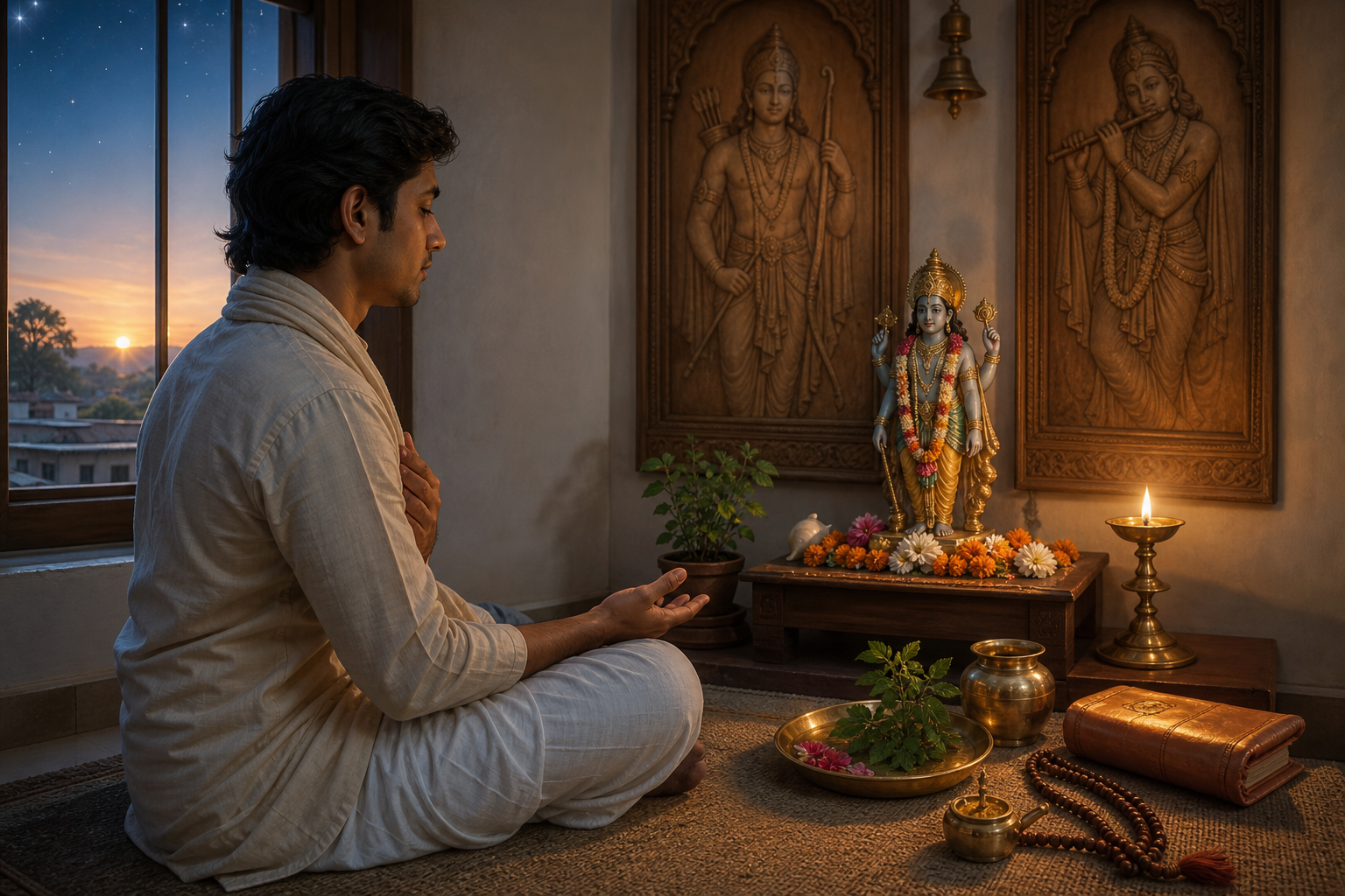 A devotee meditates before a small Vishnu altar at dawn with an oil lamp, tulsi leaves, prayer beads, a water vessel, and a wrapped scripture.