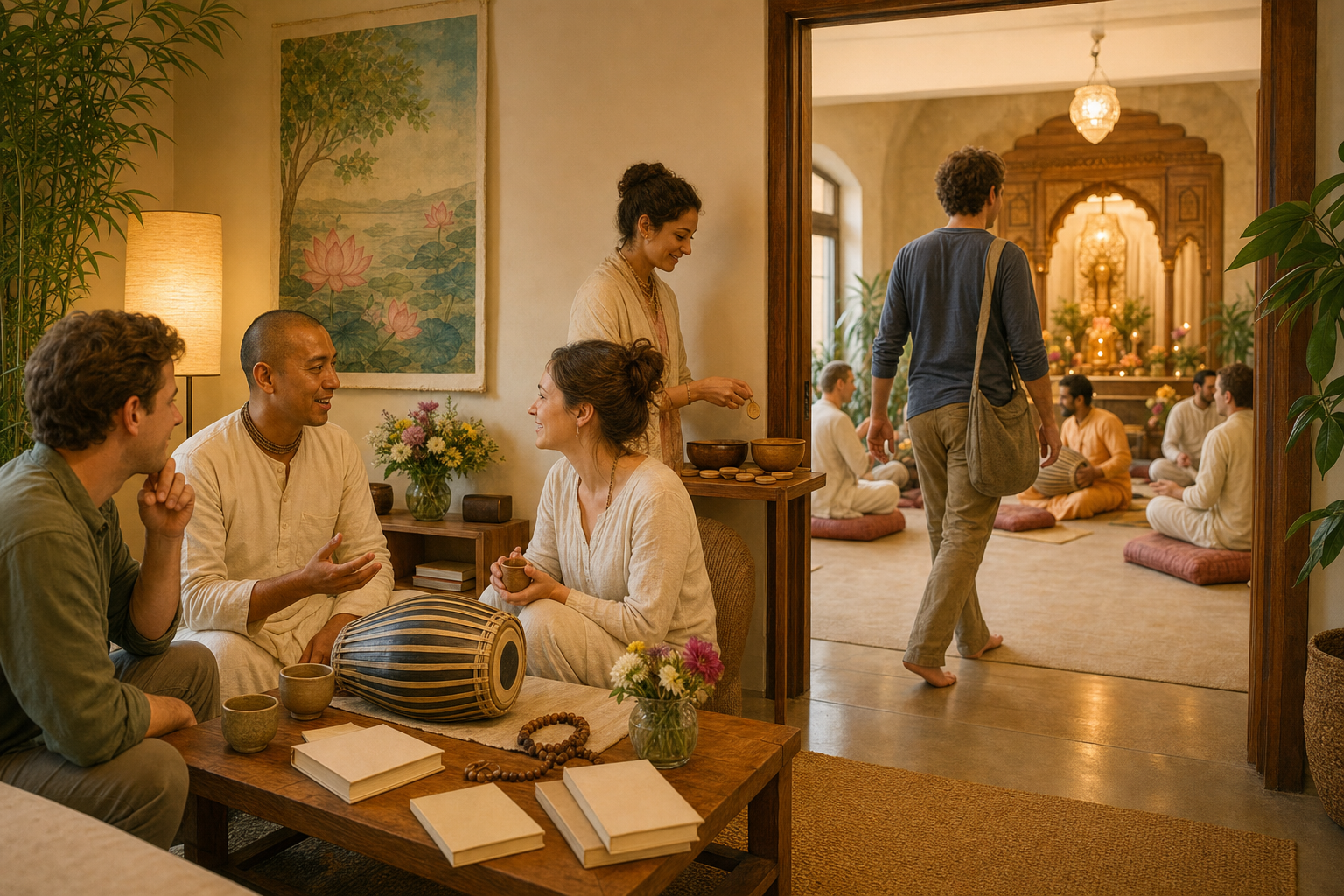 Visitors meet at a community center with an open exit, an optional devotional room, and anonymous attendance tokens.