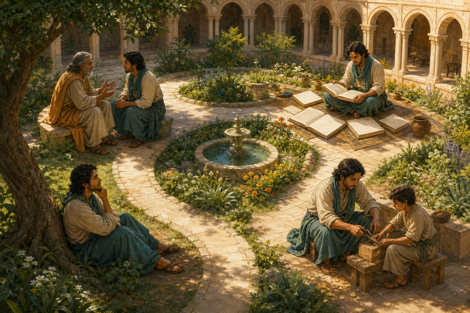 The same learner listens, studies, reflects, and teaches a practical task at four points along a circular garden path.