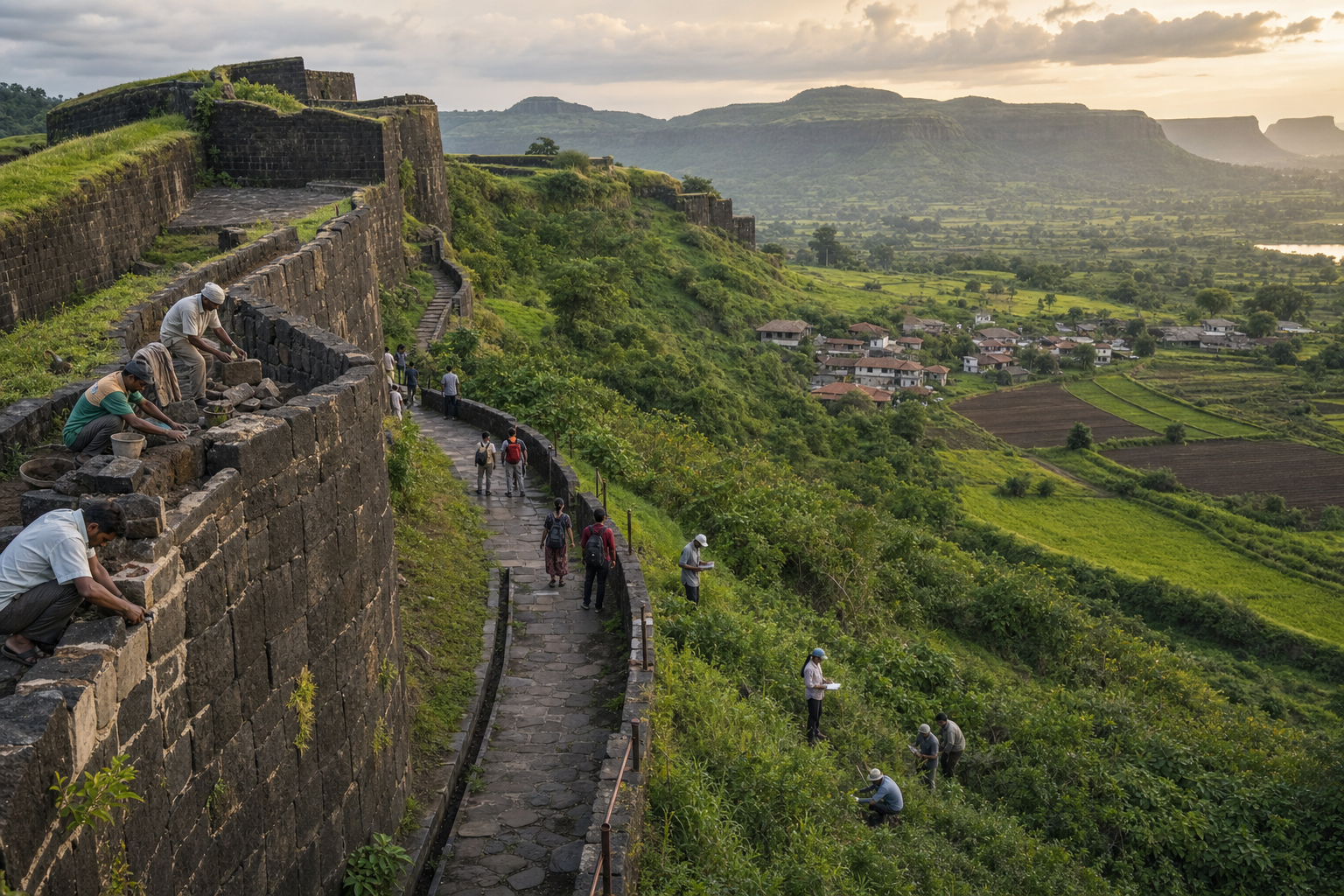 Conservation workers, visitors and residents share a managed landscape surrounding a historic Maharashtra hill fort.