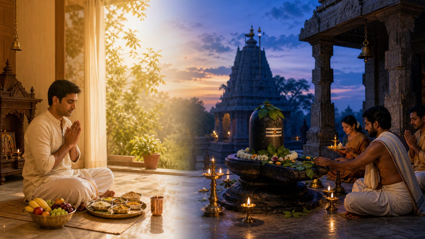 A split scene shows a devotee with a simple meal after sunrise on one side and worshippers at a lamp-lit Shiva shrine at twilight on the other.