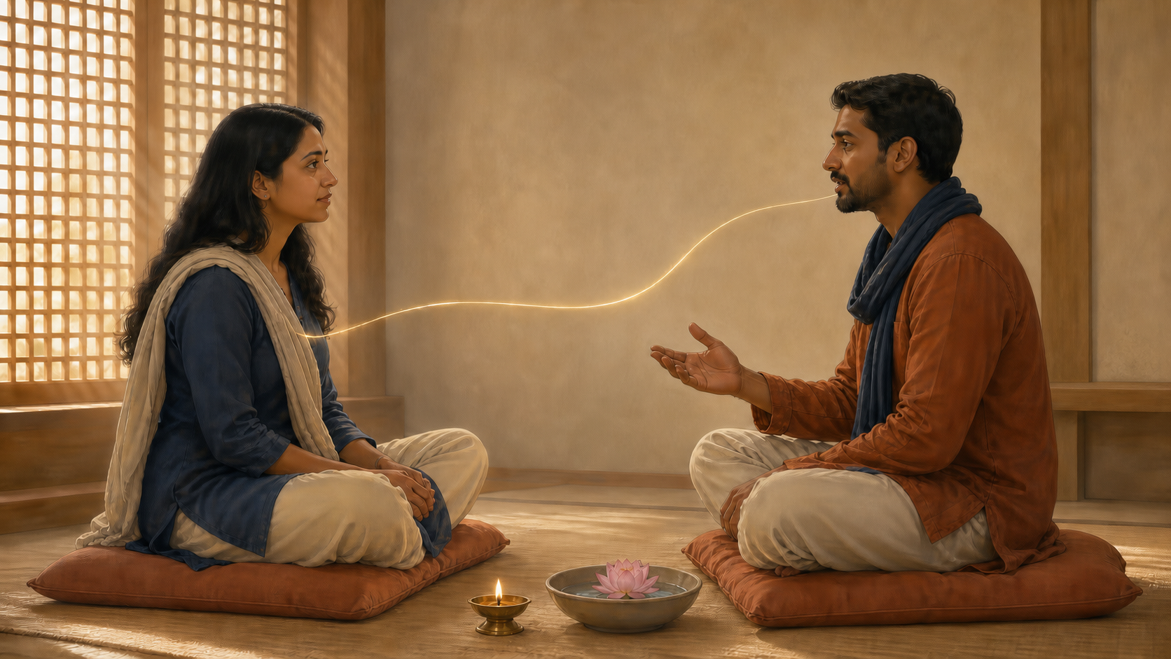 Two adults sit facing each other in a softly lit meditation room, with one speaking and the other listening beside a small oil lamp and lotus bowl.