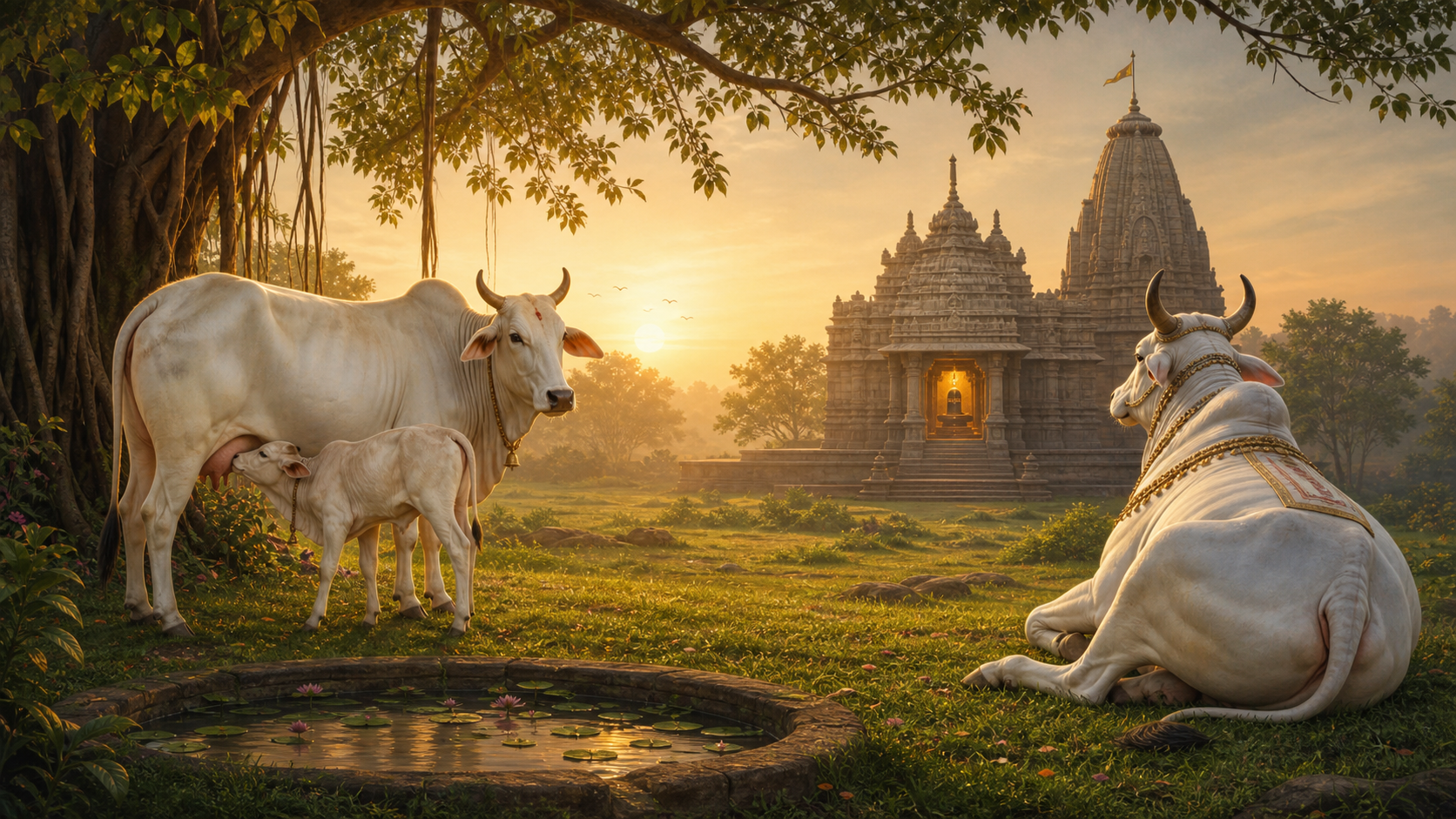 A zebu cow with a nursing calf stands beside a seated white bull facing a distant Shiva temple at sunrise.