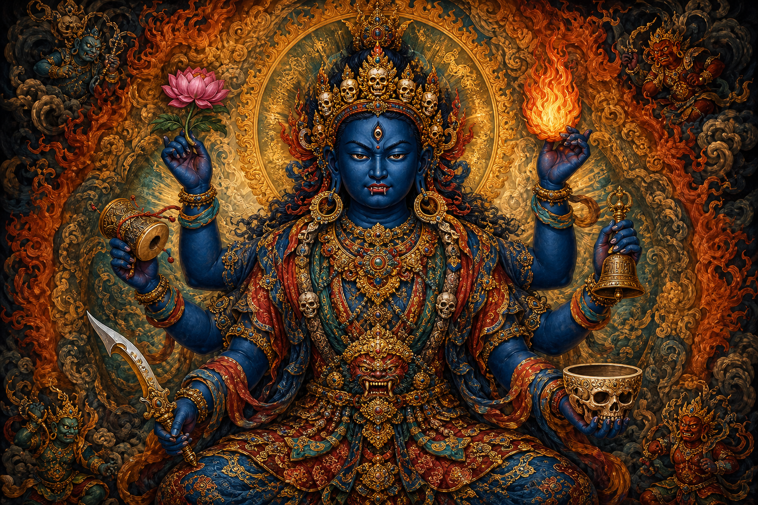 A calm-faced, fanged tantric deity is surrounded by concentric layers of six ritual implements, a golden halo, flames, clouds, and guardian figures.