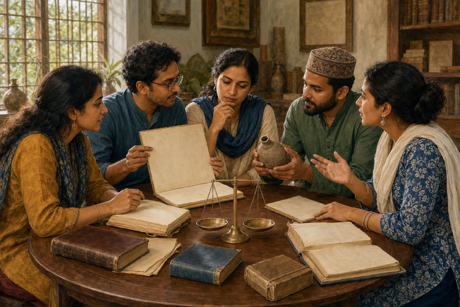 Five learners compare books and examine a clay object from different angles during a respectful discussion around a round table.
