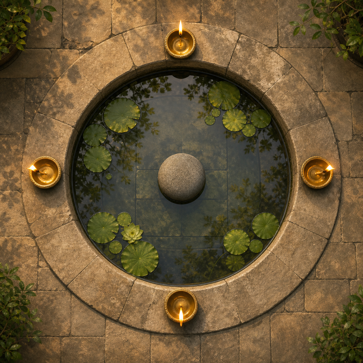 Four lit brass oil lamps surround a smooth stone in a circular pool viewed from above.