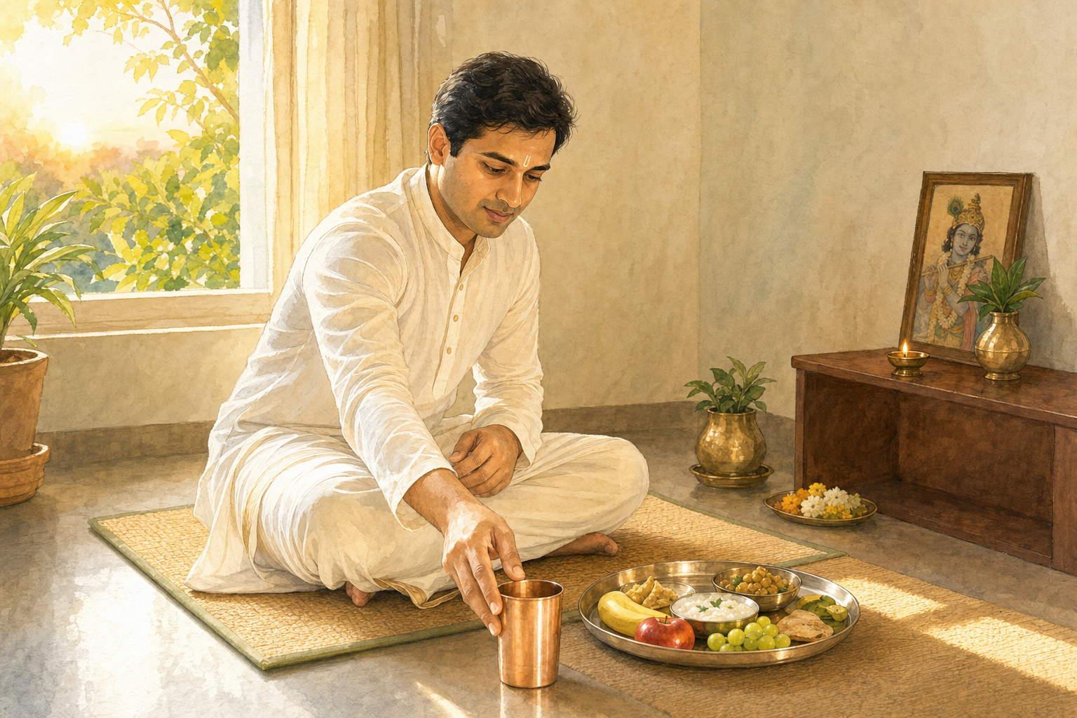 A devotee reaches for a copper cup of water beside a simple vegetarian meal in a sunlit home prayer space.