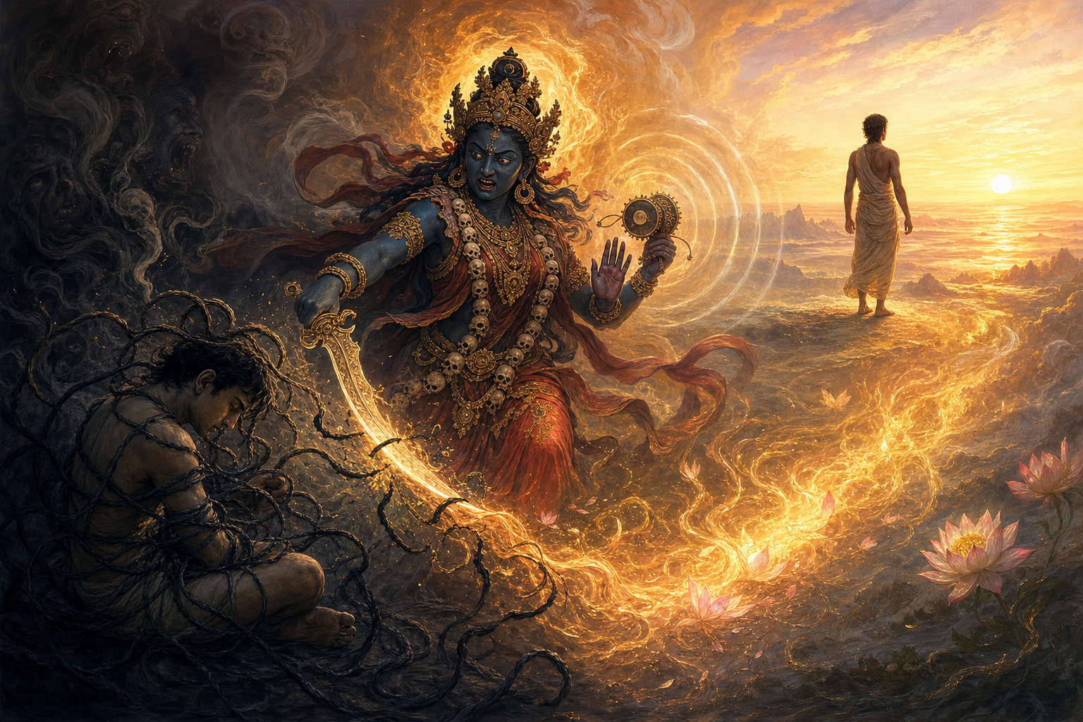 A fierce goddess cuts shadowy cords from a bound figure as smoke and flame give way to an unbound figure standing in dawn light.