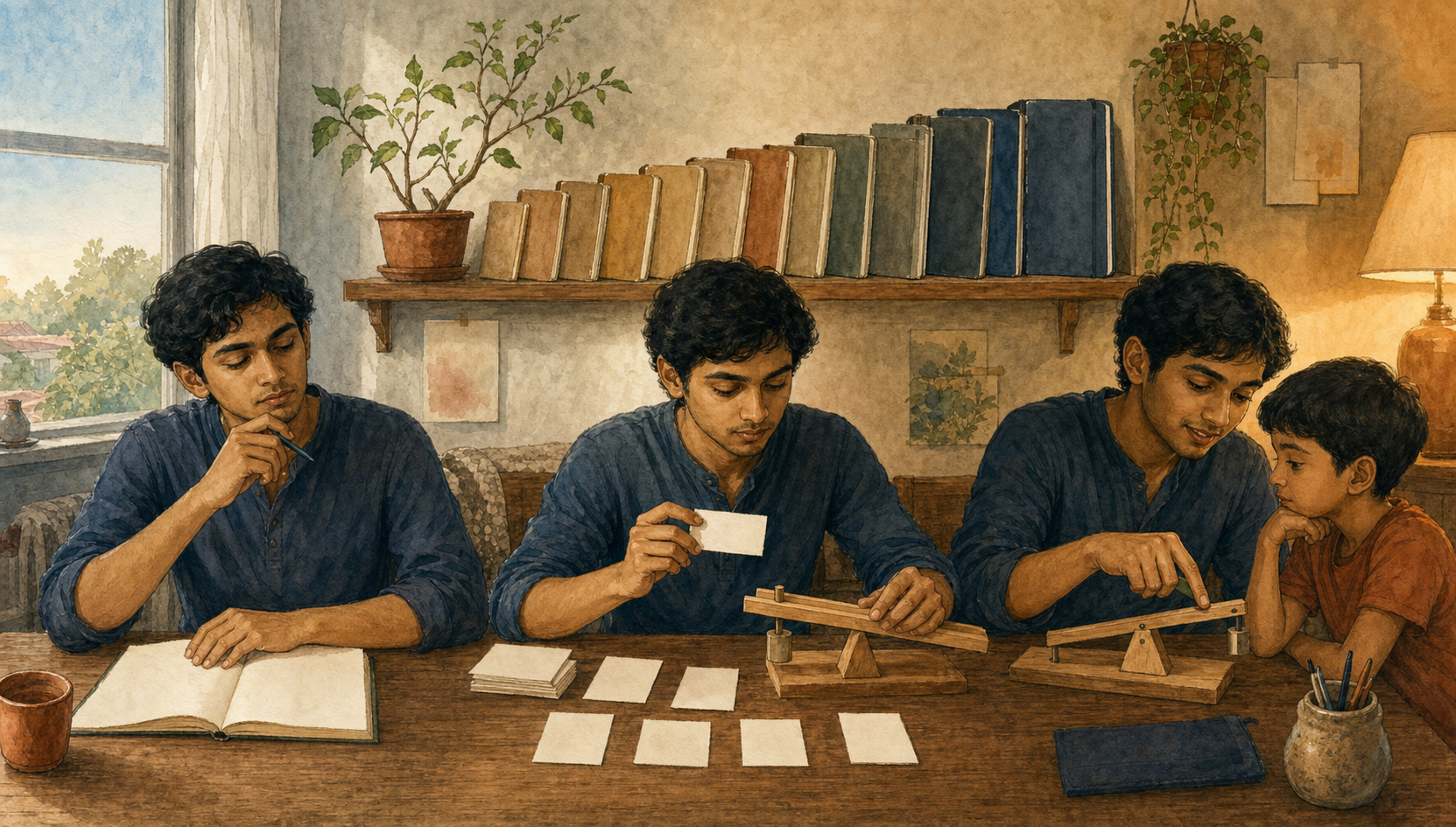 A learner recalls an idea in a notebook, tests it with a wooden model, and later explains the model to a younger person.