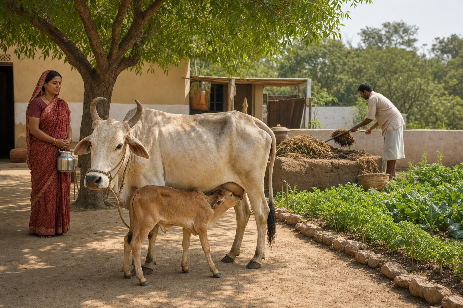 A calf nurses from a zebu cow in a rural courtyard while a caretaker waits with a metal vessel and another person tends compost beside a garden.