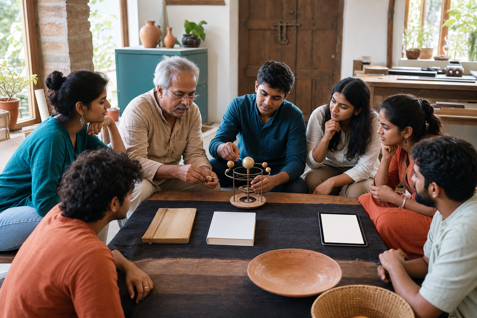 Educators, students, and a craft practitioner examine traditional learning materials and modern tools together in a contemporary workshop.