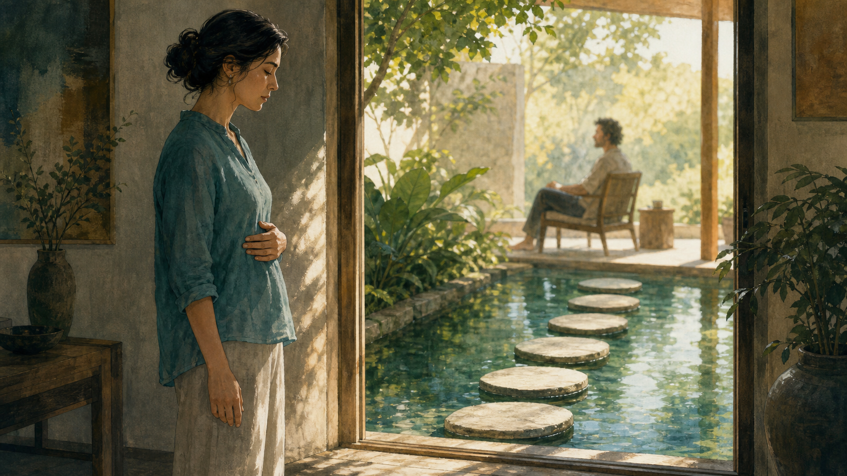 A person pauses with a hand over the ribs at a doorway while six stepping stones lead toward another person on a sunlit veranda.