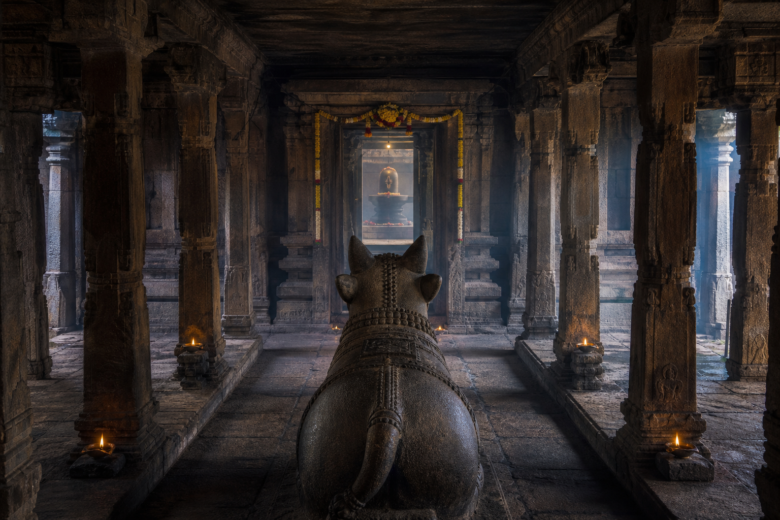 A large stone Nandi sits between temple pillars facing a Shiva linga illuminated by oil lamps in the inner sanctuary.