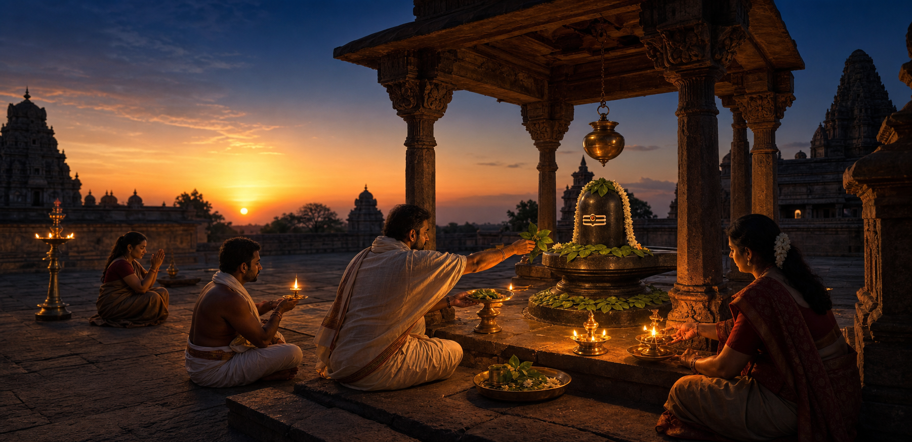 Devotees light oil lamps and offer bilva leaves at a Shiva shrine as the sky changes from sunset gold to twilight blue.