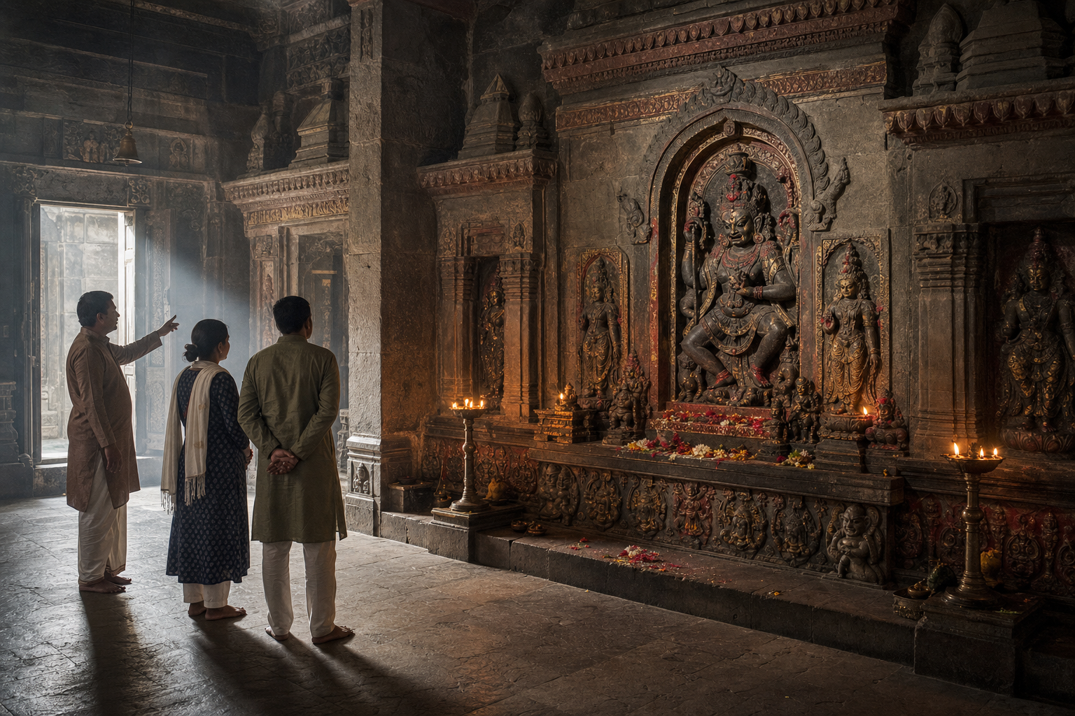 Visitors and a temple guide examine a fierce deity relief within a stone sanctuary surrounded by attendant figures, lamps, offerings, and adjacent shrines.