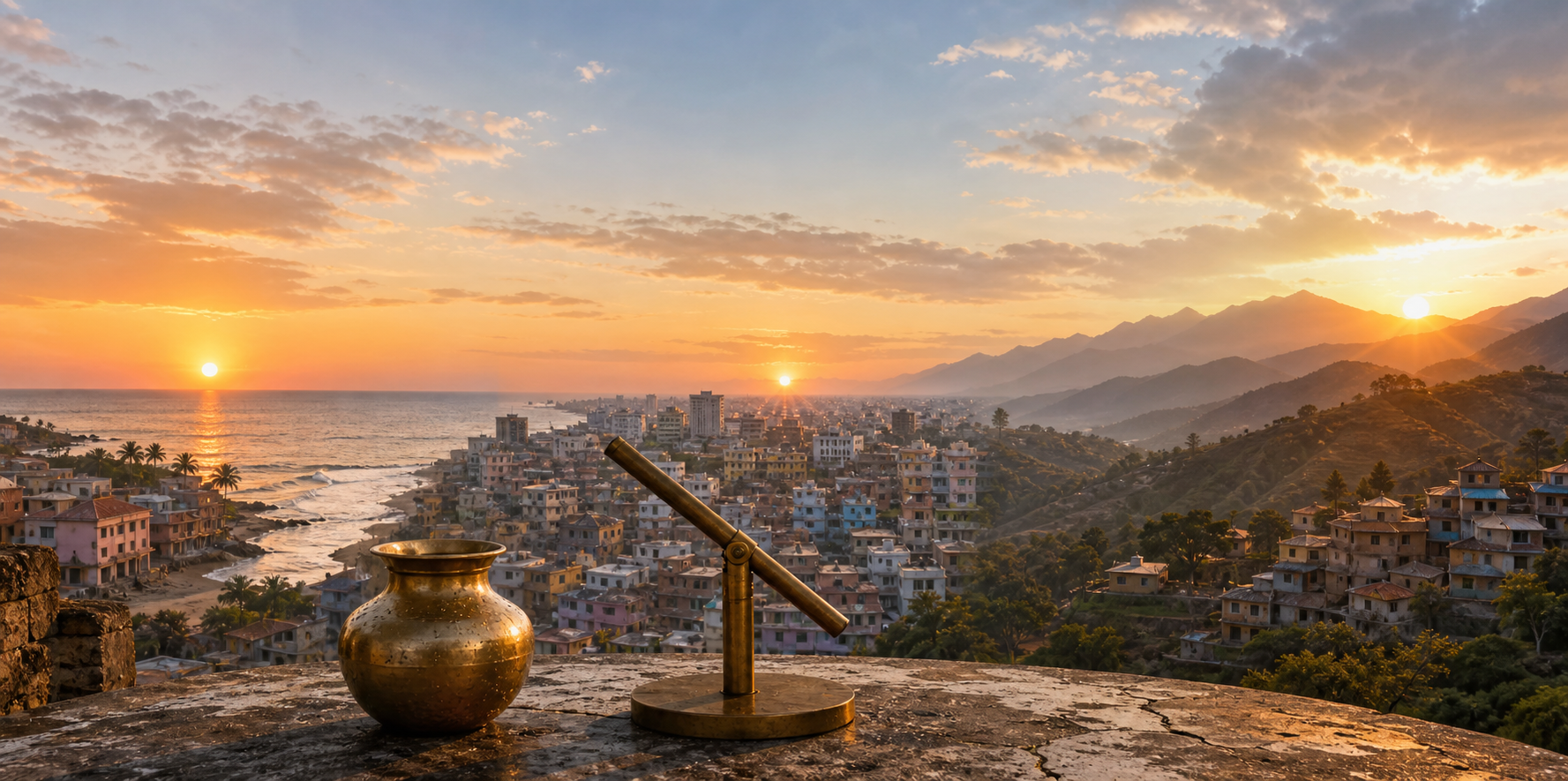 Coastal, urban, and mountain settings appear beneath different local horizons, with a brass vessel and an unmarked observation instrument in the foreground.