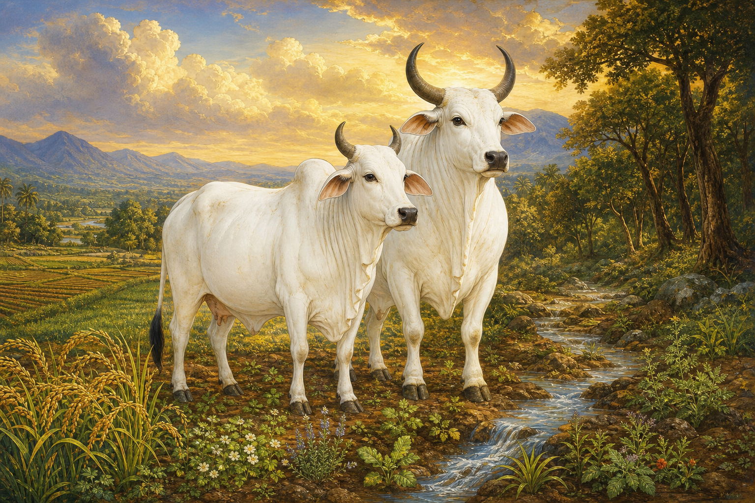 A white zebu cow and a four-legged white bull stand together on fertile ground surrounded by water, grain, flowers, forest, and mountains.