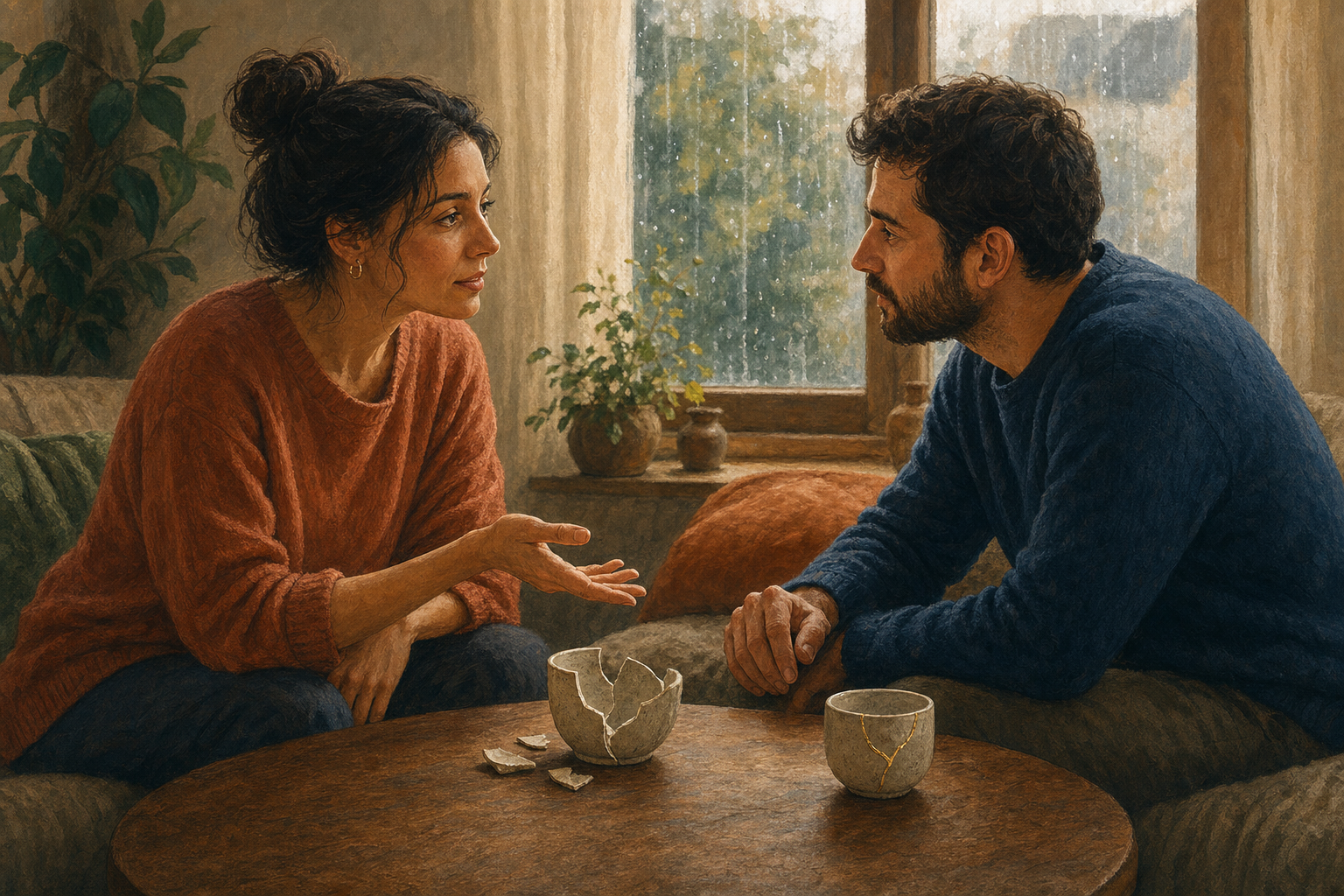 Two adults speak across a low table with open hand gestures, a broken ceramic cup between them and a repaired cup nearby.