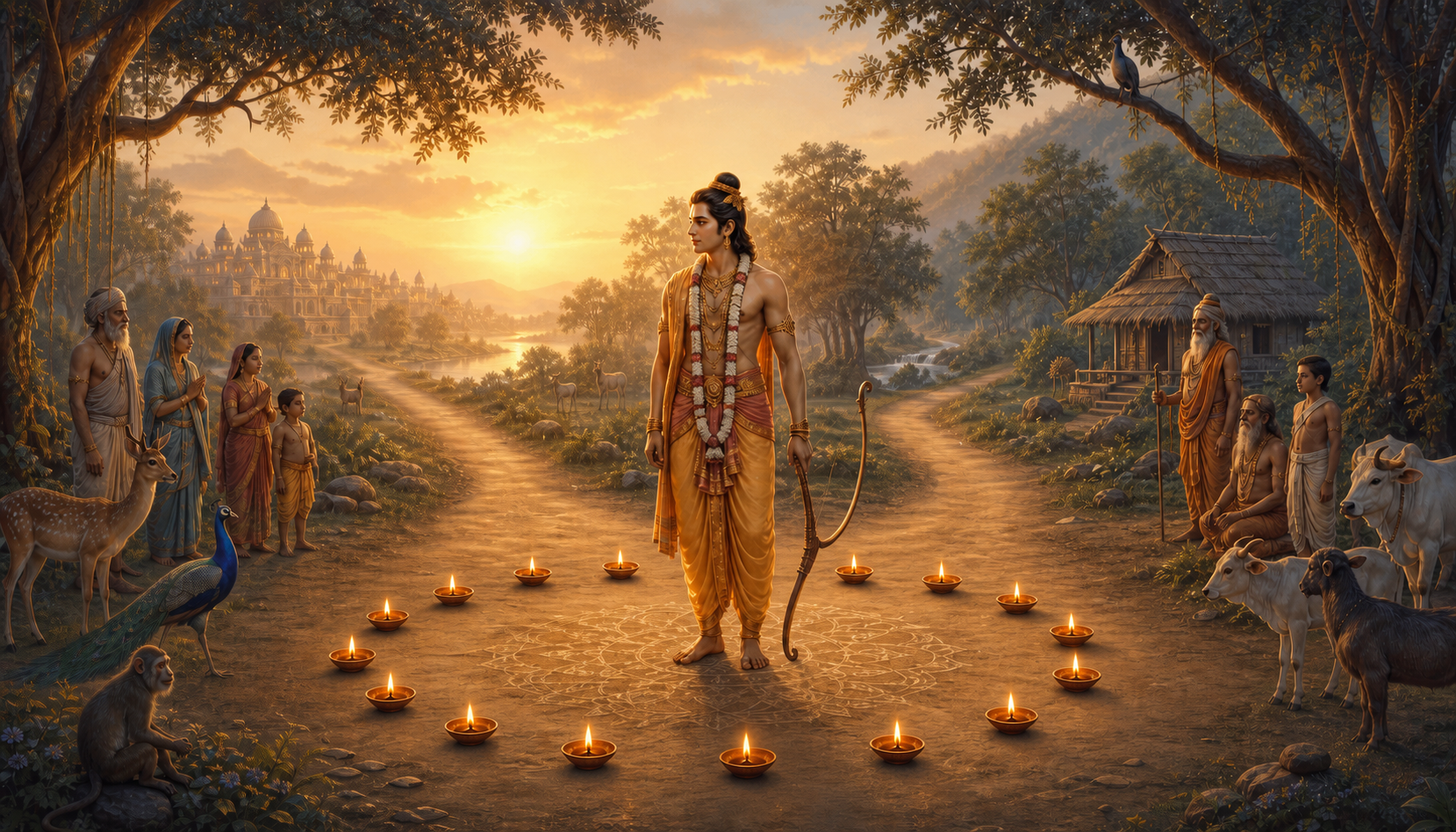 Rama stands with a bow at a forest crossroads at dawn, encircled by sixteen glowing oil lamps, with a palace, hermitage, people, animals, and trees in the distance.