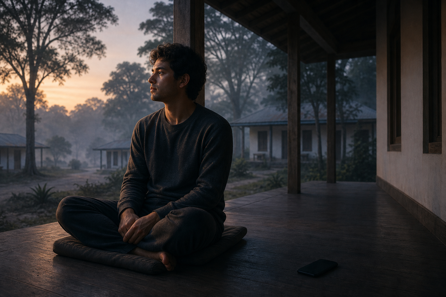 A young person sits quietly on an ashram veranda before sunrise with a switched-off phone placed behind them.