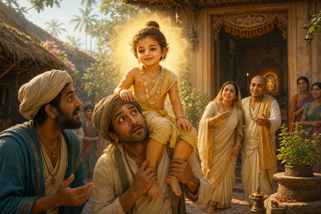 Young Nimai with a golden aura rides on a traveler's shoulders as His relieved family welcomes Him home in medieval Navadvipa.