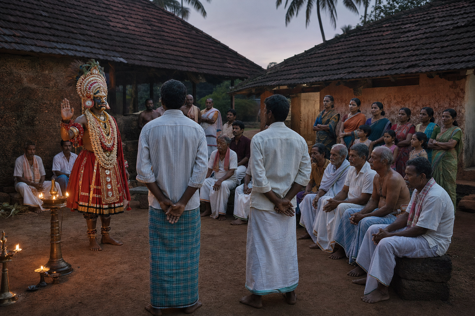 A Guliga Daiva performer raises a hand before community members and elders gathered in a village courtyard at dawn.