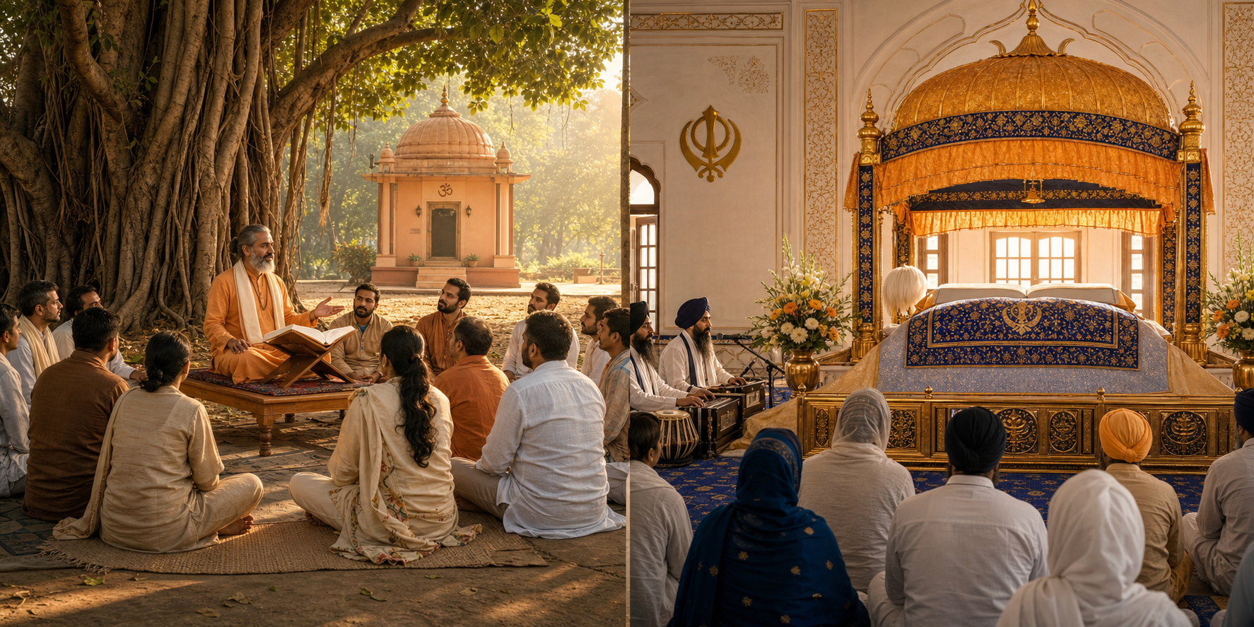 A Hindu teacher instructs students beneath a banyan tree beside an open manuscript, while a separate Sikh congregation faces Guru Granth Sahib installed beneath a canopy in a gurdwara.
