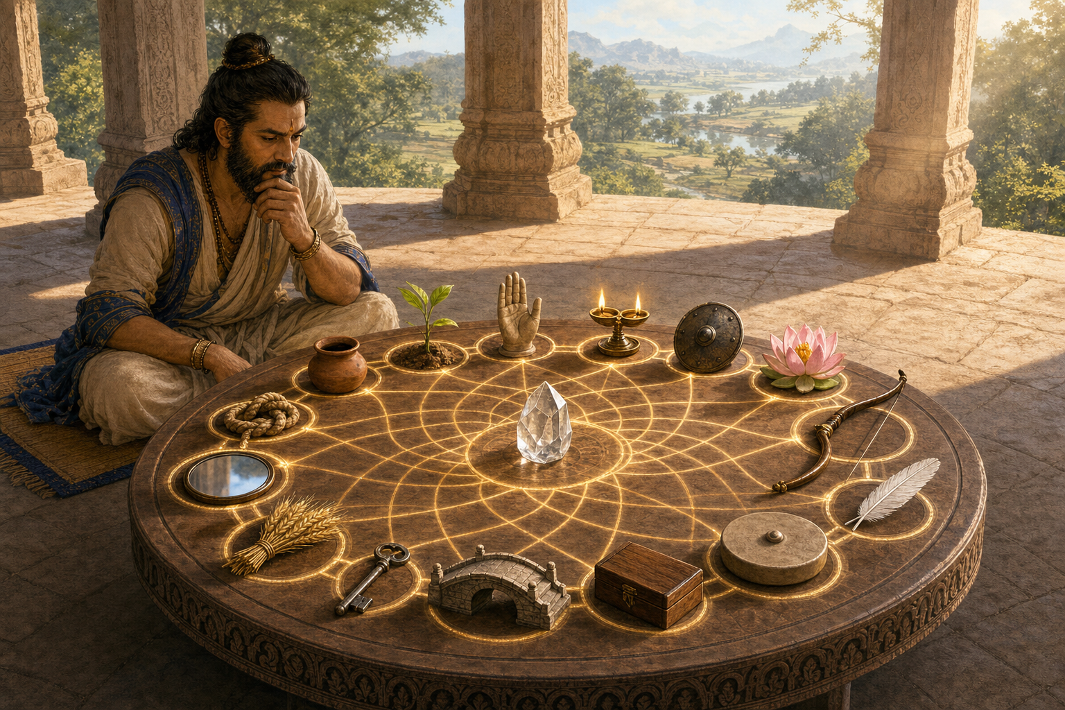 A person studies a circular arrangement of sixteen interconnected symbolic objects on a low table inside an open stone pavilion.