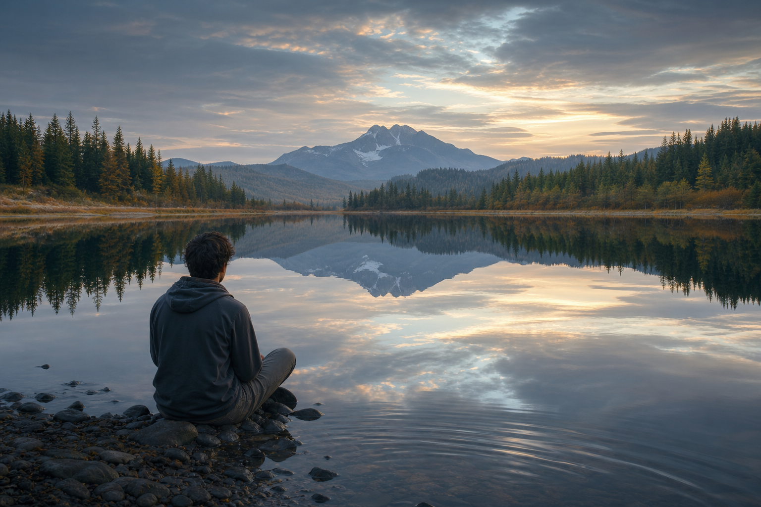 A young adult sits beside a still lake where the person, trees and sky form a continuous reflection.