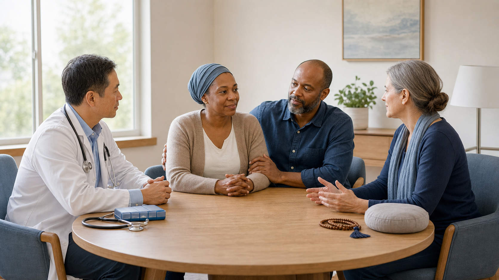 A patient and family member meet with a physician and a spiritual care practitioner around a round table in a daylight consultation room.