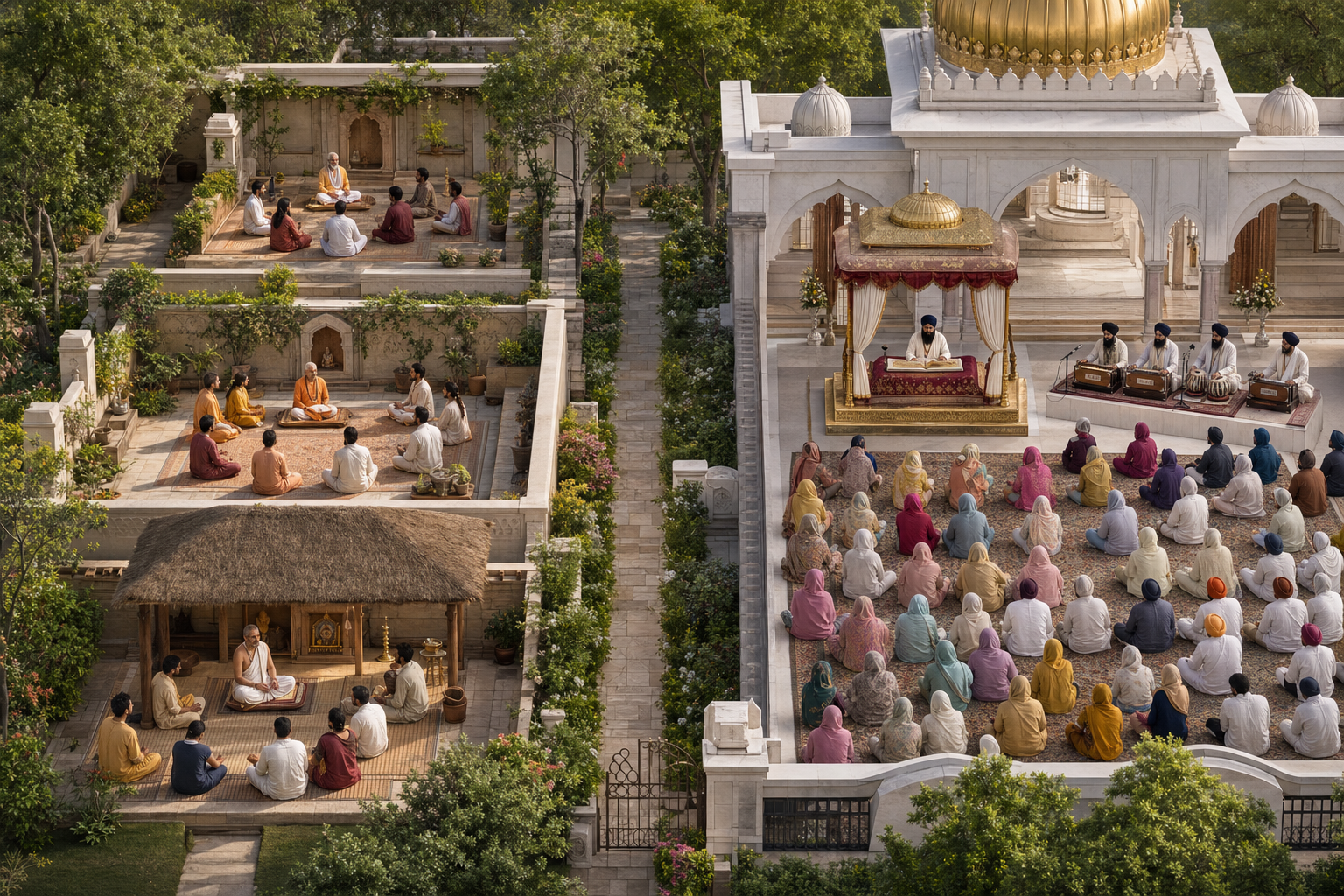 Several separate Hindu teaching circles occupy connected courtyards beside a Sikh darbar hall organized around Guru Granth Sahib and a seated congregation.