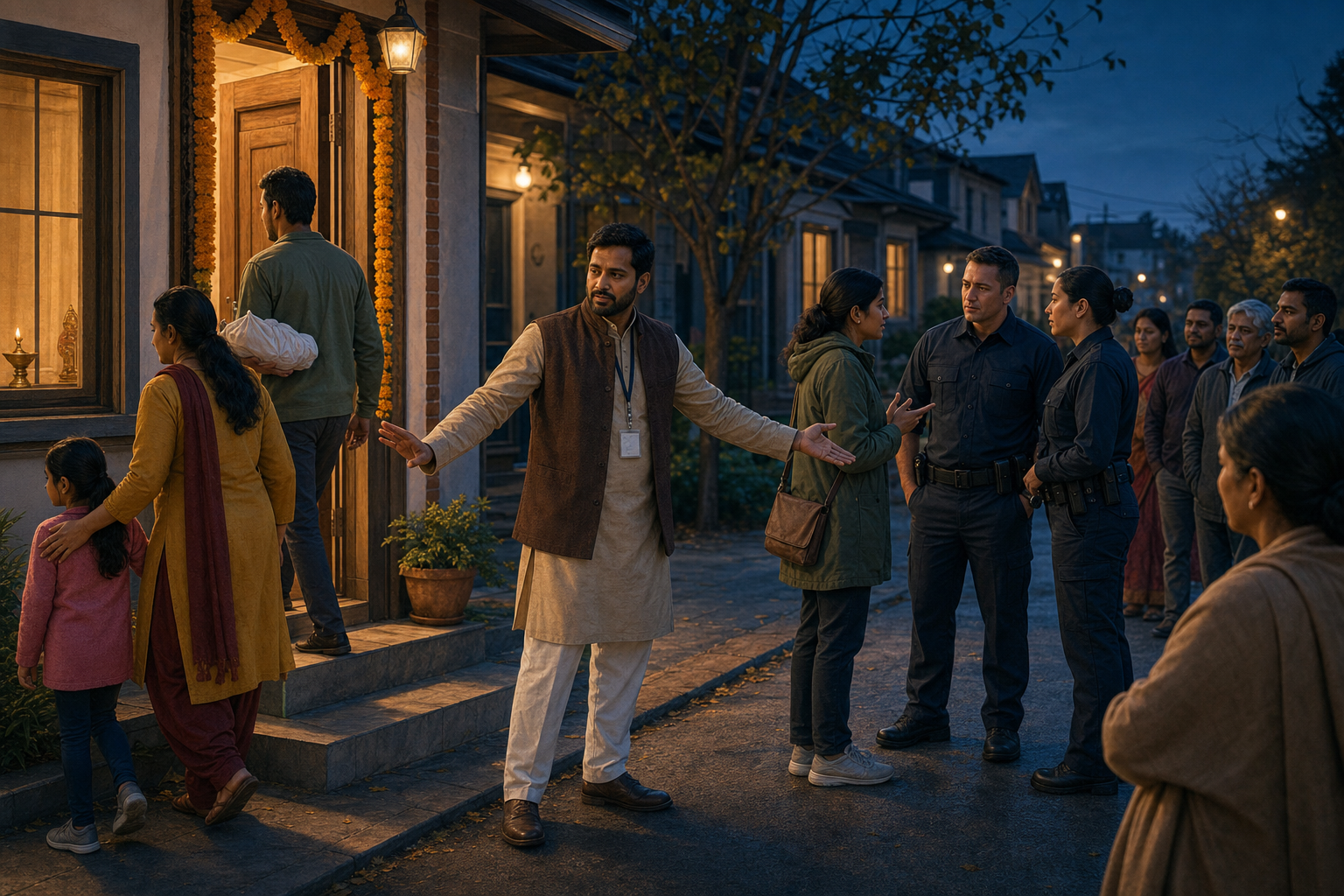 A community volunteer helps coordinate family safety, witness reporting, and a calm police response in a residential neighborhood at dusk.