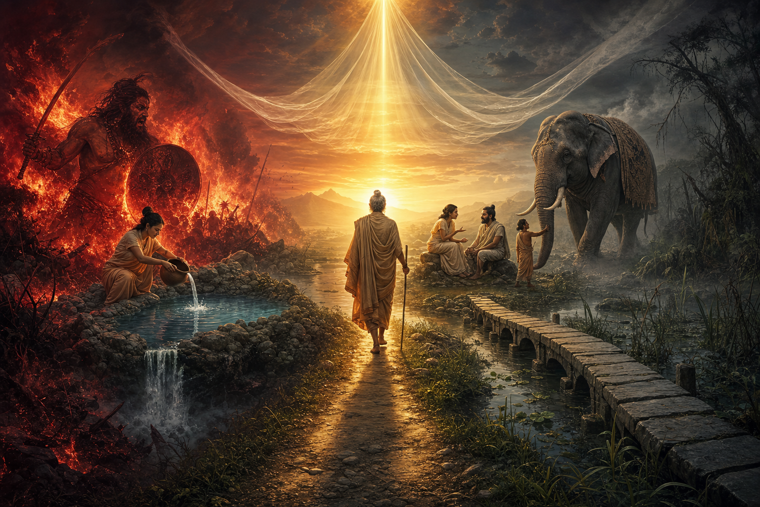 A traveler follows a central path between symbolic scenes of fire and water, a marsh and stone bridge, a softened beam of light, and a guided elephant.