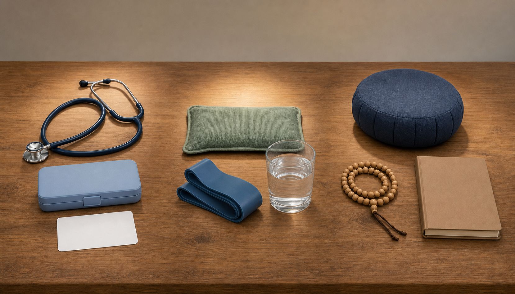 A tabletop is divided into areas containing medical tools, supportive-care items, and objects used for quiet spiritual practice.