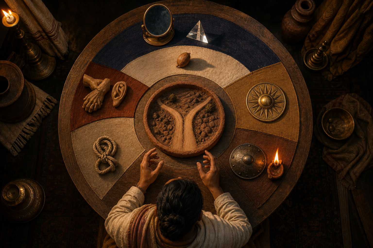 A person reviews six groups of symbolic objects arranged around two diverging paths on a round wooden table illuminated by oil lamps.