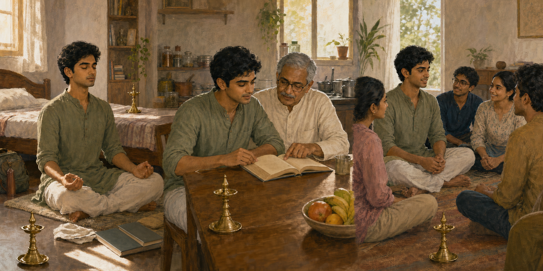A young adult meditates at home, studies with an elder relative and joins friends in a community listening circle.
