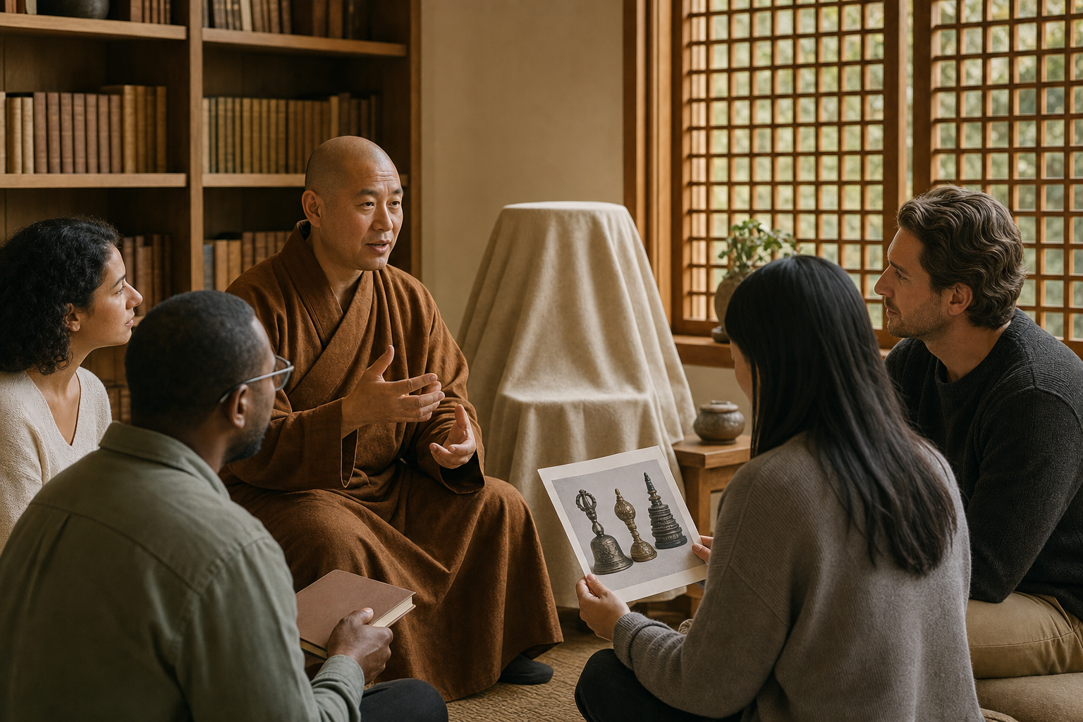 Adult readers listen to a Buddhist teacher in a quiet library while covered ritual objects remain on a nearby table.